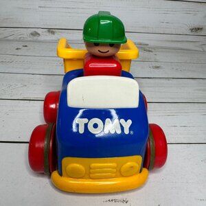 Tomy First Fun Push n Go Toy‎ Dump Truck With Green Hat Driver & Red Wheels 90's